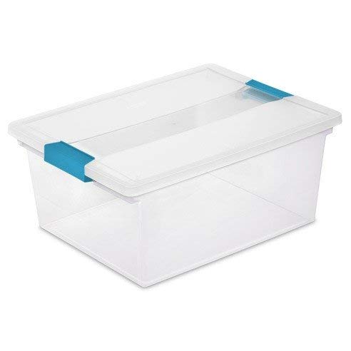 Deep Clip Plastic Storage Box for Stackable Storage, Clear with Blue Clips, 14