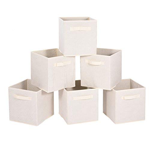 MaidMAX Cloth Storage Bin with Dual Handles for Home Closet Nursery Drawers Organizer, Foldable, Beige, 10.5×10.5×11″, Set of 6