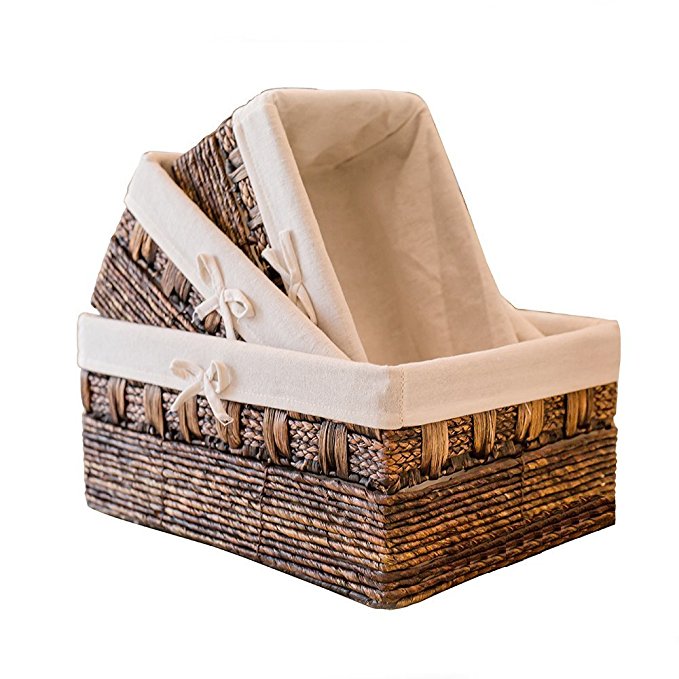 KINGWILLOW Handmade Woven Maize and Hyacinth Storage Basket, (Set of 3)