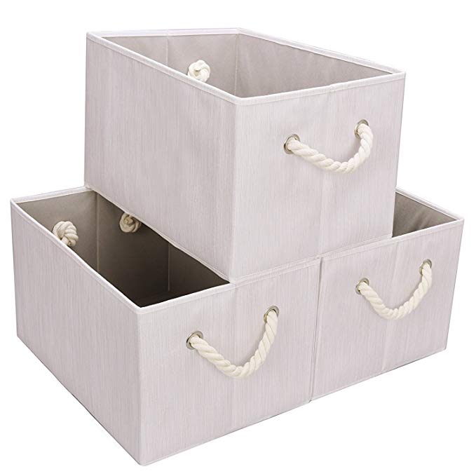 Storage Bin with Cotton Handles, 3-Pack, White (Bamboo Style), Jumbo