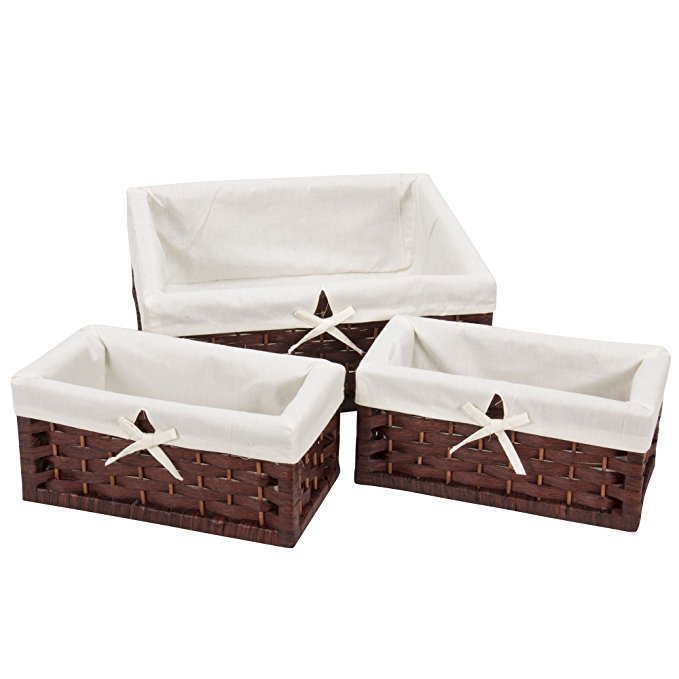Household Essentials ML-7021 Set of Three Wicker Storage Baskets with Removable Liners | Paper Rope Dark Brown Stain