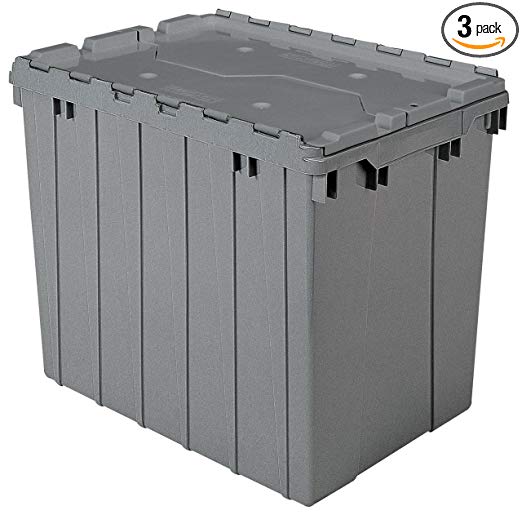 Akro-Mils 39170 Plastic Storage and Distribution Container Tote with Hinged Lid, 21.5-Inch L by 15-Inch W by 17-Inch H, Grey, Pack of 3