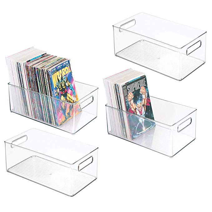 mDesign Home Storage Organizer Bin for Comic Books, Magazines - Pack of 4, Deep, Clear