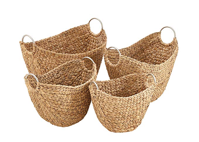 Set of 4 Coastal 14, 16, 19 21 inch Oval Brown Wicker Baskets Iron Handles