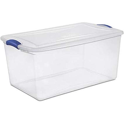 Sterilite 66 Quart See Through Storage Box- Stadium with Latching Lid and Blue Handle, Case of 6