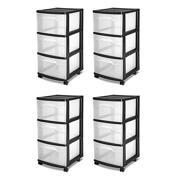 STERILITE 3-Drawer Storage Cart, Clear with Black Frame (4-Pack) | 4 x 28309002