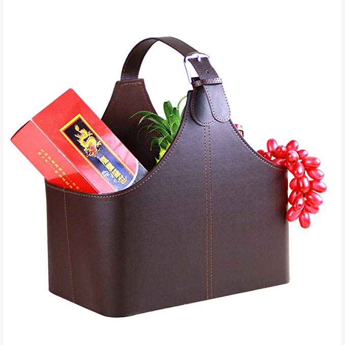 Leather Gift Basket,Magazine Newspaper Holder/Racks,Storage Organizer for Wine Flowers Fruits Candys,for holiday presents Christmas display (Coffee)