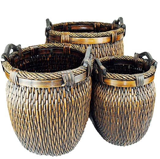 TOPOT Log Baskets Set of 3 Piece Wicker Stitch Weave With Wood Ear handles