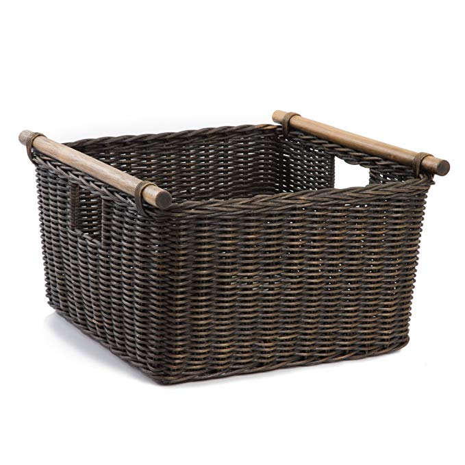 The Basket Lady Deep Pole Handle Wicker Storage Basket, M, Antique Walnut Brown