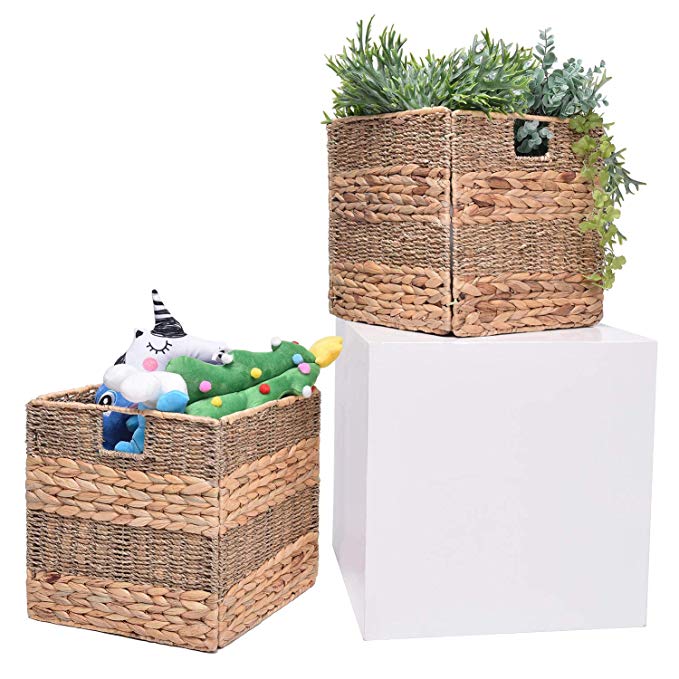 StorageWorks Seagrass & Hyacinth Storage Woven Basket with Iron Wire Frame, Foldable Storage Baskets Organizer, Medium,10.6