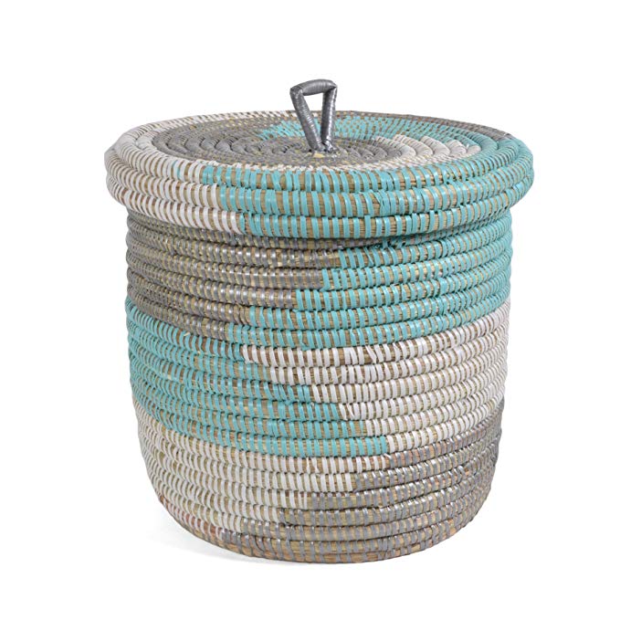 African Fair Trade Hand Woven Lidded Basket, Silver/Aqua/White