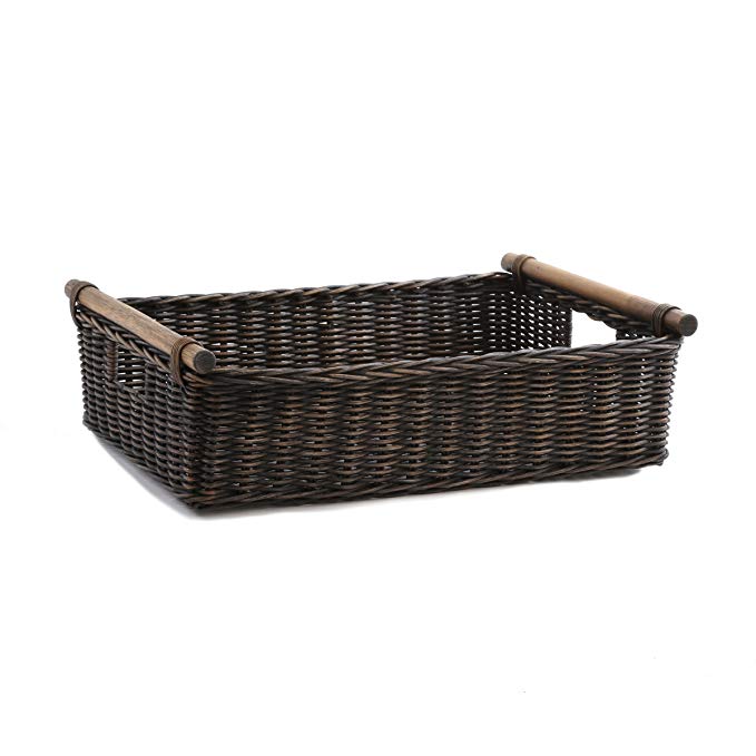 The Basket Lady Low Pole Handle Wicker Storage Basket, Large, Antique Walnut Brown