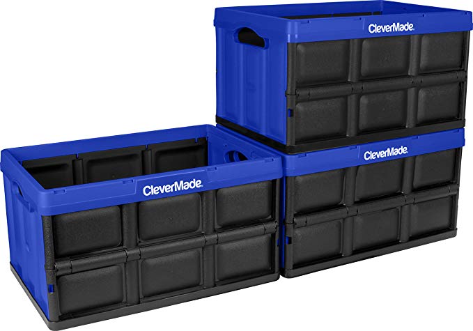 CleverMade 46L Collapsible Storage Bins - Durable Plastic Stackable Utility Containers, Solid Wall CleverCrates, Royal Blue, 3 Pack