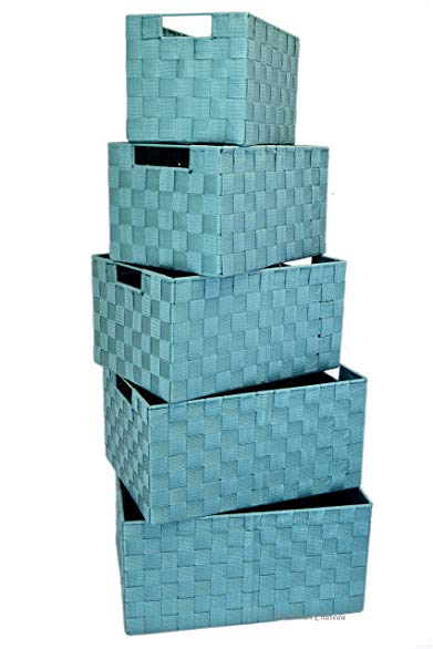 American Chateau Set 5 Turquoise Nesting Durable Woven Nylon Home Storage Basket Bins