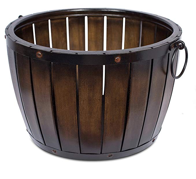 BirdRock Home Round Barrel Basket | Decorative Half Whiskey Barrel Design | Rustic Metal Handles | Living Room Décor | Bin | Dark Brown