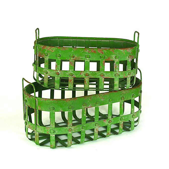Creative Co-op DA3654 Set of 2 Green Metal Baskets with Handles