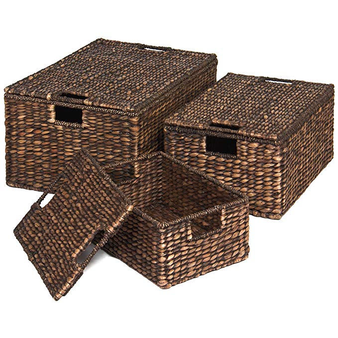 Best Choice Products Set of 3 Multipurpose Classic Water Hyacinth Woven Storage Basket Chests for Organization, Laundry, Decoration w/Attached Lid, Handle Holes - Brown