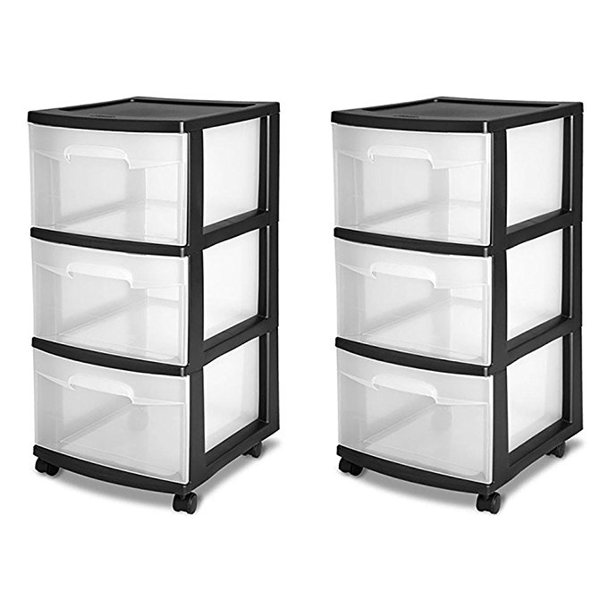 STERILITE 3-Drawer Storage Cart, Clear with Black Frame (2-Pack) | 2 x 28309002