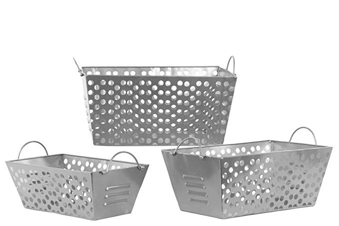 Urban Trends Metal Tapered Rectangular Basket with Metal Handles & Perforated Sides Set of Three Coated Finish Silver