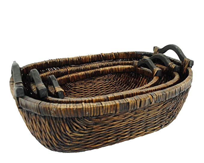TOPOT Stitch Weave Oval Willow Basket with Walnut Finish & Wooden Ear Handles