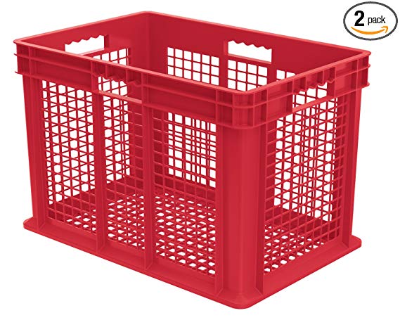 Akro-Mils 37616 24-Inch by 16-Inch by 16-Inch Straight Wall Container Plastic Tote with Mesh Sides and Mesh Base, Case of 2,Red