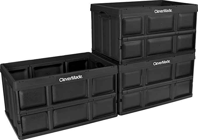 CleverMade 62L Collapsible Storage Bins - Durable Plastic Stackable Utility Containers, Solid Wall CleverCrates, Black, 3 Pack