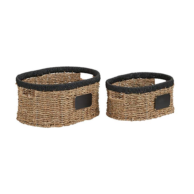 Household Essentials Black Rim Wicker Oval Baskets Set Seagrass and Paper Rope (2 Piece) Small, Brown