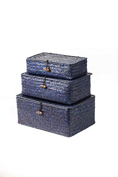 Oohlong Market Set of Three Hand-Woven Rectangle Rattan and Wire Storage Boxes, Indigo