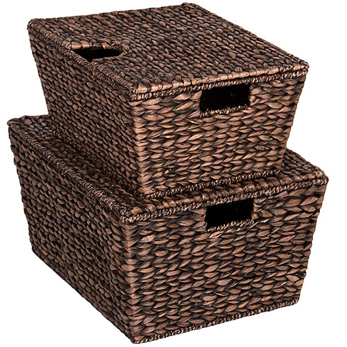 Best Choice Products Set of 2 Multipurpose Classic Water Hyacinth Woven Tapered Storage Basket Chests for Organization, Laundry, Decoration w/Attached Lid, Handle Holes - Brown