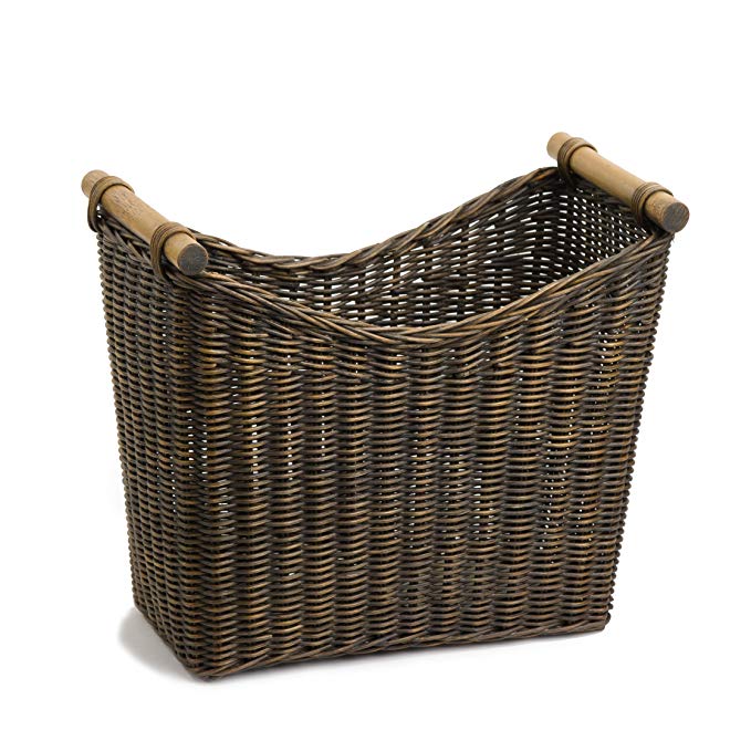 The Basket Lady Narrow Wicker Magazine Basket Large, Antique Walnut Brown