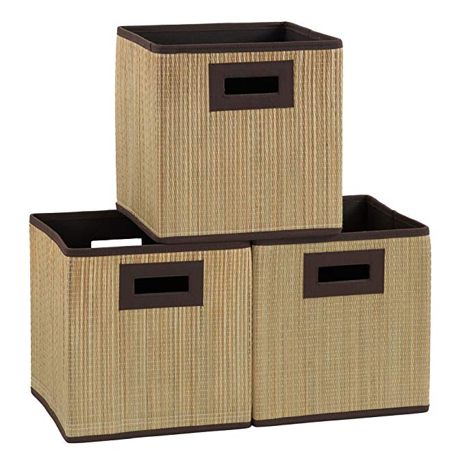 Household Essentials 3 Pk. Premium Fabric Storage Cubes | Grass Cloth Wicker Bin, Brown