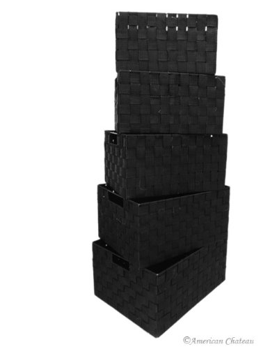 American Chateau Set 5 Black Nesting Durable Woven Nylon Home Storage Basket Bins with Handles