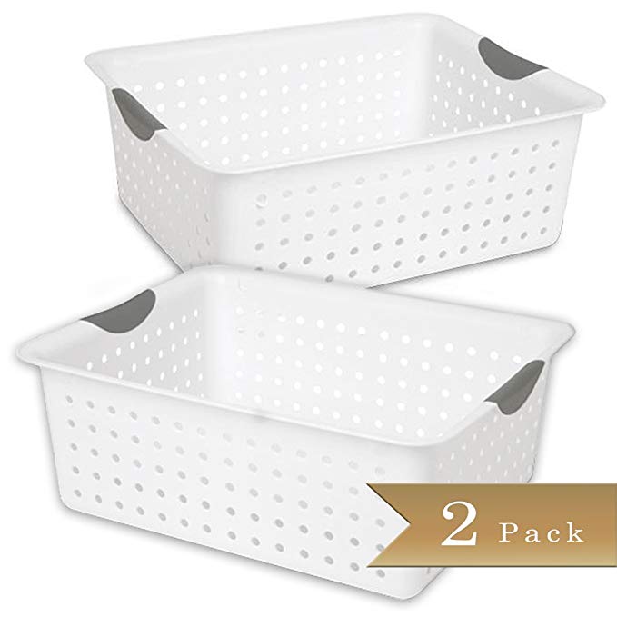 Set of 2 - TrueCraftware Large White Ultra Basket Storage Organizers with Titanium Insert Handles and Perforated Design - 15 7/8