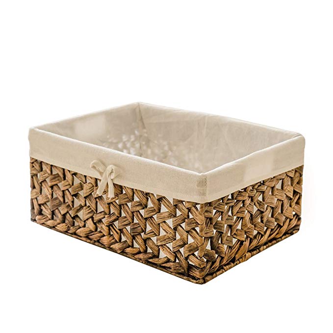 Rectangular Woven Seagrass Storage Bins with Handle,Kingwillow. (water hyacinth, Large)