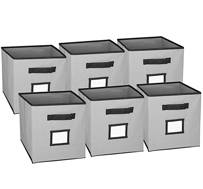 Hangorize Collapsible Fabric Cubicle Storage Bins, Gray, 6 Pack, with Handy Label Window to Make Identifying Contents Easy. Set Includes 6 Foldable Storage Cube Basket Bins
