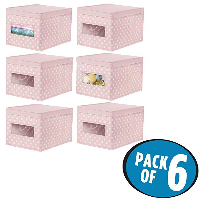 mDesign Soft Stackable Fabric Closet Storage Organizer Holder Box - Clear Window, Attached Hinged Lid, for Child/Kids Girls Room, Nursery, Playroom - Polka Dot- Large, 6 Pack - Pink with White Dots