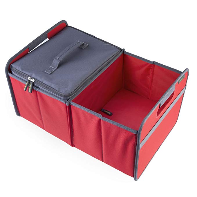meori Tailgate Carrier - includes Large Foldable Storage Box, 30 Liter / 8 Gallon, in Hibiscus Red + a Cooler Insert - A Better Way to Tailgate (Carry Up To 65lbs)