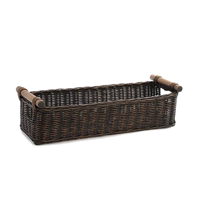 The Basket Lady Long Narrow Pole Handle Wicker Basket, Large, Antique Walnut Brown