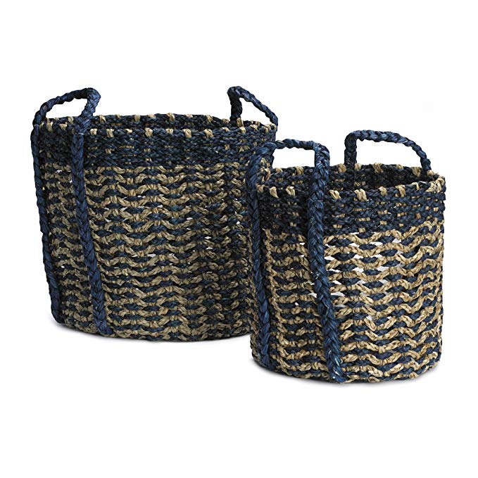 Elements Set of 2 Woven Seagrass Baskets, 16-Inch and 14-Inch, Blue